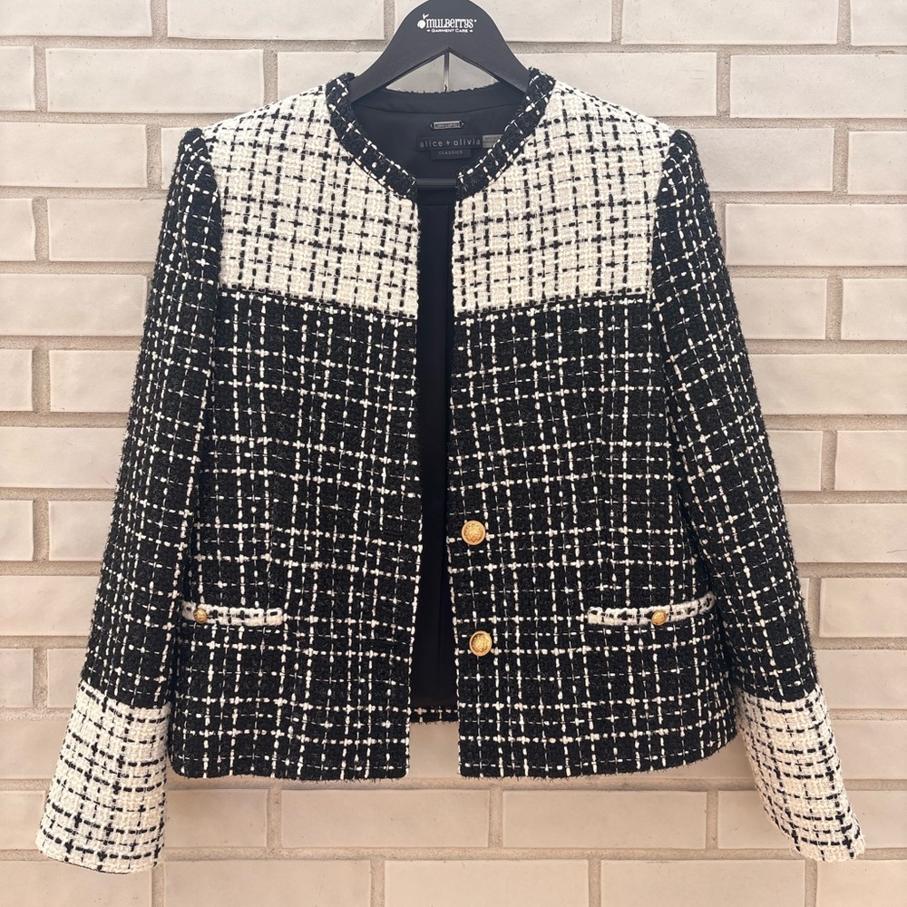 Alice + Olivia Black and White Tweed Blazer